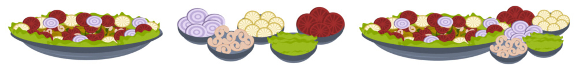 Isolated vector food dishes with ingredients including lettuce, onion, tomatoes, chives for cuisine themes 