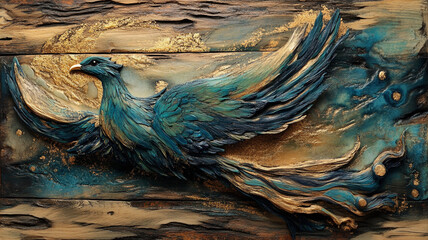 A stunning 3D style painting of a majestic eagle with metallic blue and gold tones