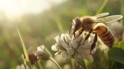 A close up of a honey bee collecting nectar on a white blossom under morning sunlight