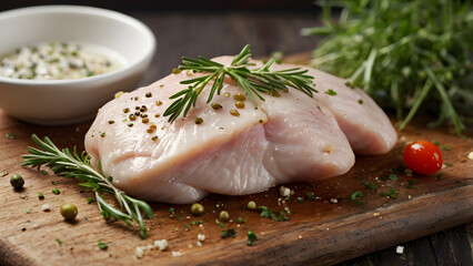 Raw lean chicken breasts with olive oil and herbs on wooden board, clean eating and fitness concept