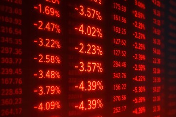Global financial market. Red stock market display showing negative percentages and declining trends.