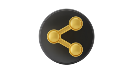 A 3D golden share icon on a dark circular button representing connection and social media isolated on a transparent background