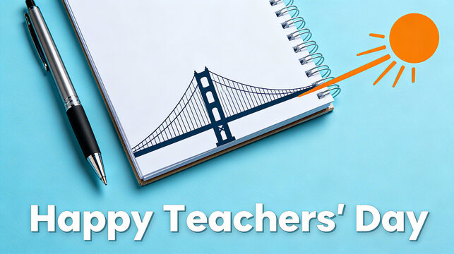 The bridge and sun on pens and notebooks, a beautiful blessing for teachers on Teacher's Day, suitable for occasions such as Teacher's Day greeting cards and holiday celebrations.

