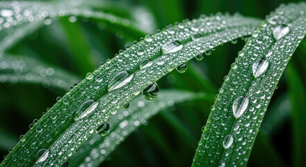Macro shot of green grass blades covered in fresh water droplets, showcasing nature's beauty and freshness, ideal for environmental or botanical projects