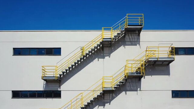 Industrial staircase with yellow railings against white wall, symbolizing precision, structure, and architectural balance