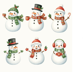 Watercolor Christmas Snowmen Characters with Hats and Scarves Set