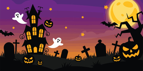 Halloween haunted house scene, glowing windows, jack-o'-lanterns, ghosts, bats, full moon, graveyard, spooky tree, festive horror illustration, eerie night vector design
