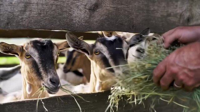A close-up view shows goats eating hay as a hand offers a bundle of green grass from a wooden enclosure