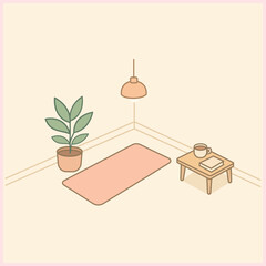 Minimalist home interior with yoga mat, plant, and coffee table in soft pastel colors, creating a calm and cozy relaxation space