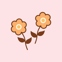 Simple flat illustration of two orange flowers with green leaves on a pastel pink background, perfect for spring and floral design themes