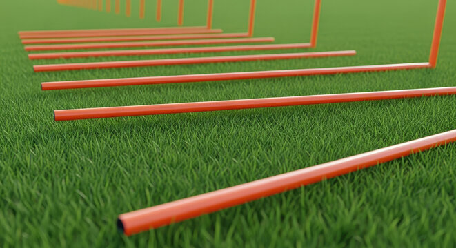 Orange agility hurdles arranged on green grass for athletic training and fitness workouts