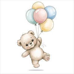 Cute Watercolor Bear Character with Balloons for Kids Design