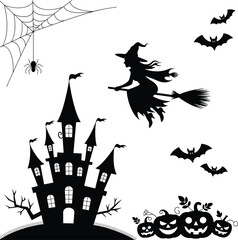 Fototapeta premium Halloween haunted house silhouette, witch flying, bats, spider web, jack-o'-lanterns, spooky tree, black vector illustration, festive horror scene, eerie seasonal design elements