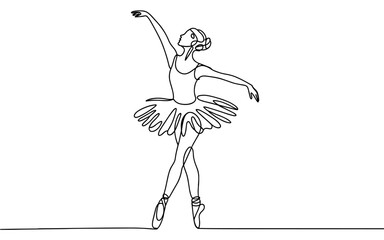 Minimal continuous line drawing of a graceful ballerina dancing in an elegant pose, symbolizing beauty, art, performance, and discipline.