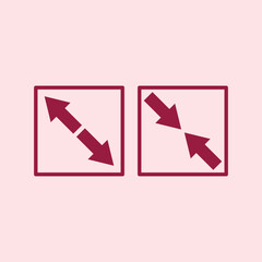 Minimal flat design illustration showing two red arrows in boxes representing expand and shrink icons, perfect for UI, UX, or responsive layout concepts.