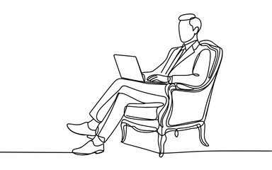 Continuous line drawing of a businessman sitting on a chair and working on a laptop, symbolizing professionalism, remote work, and modern business.