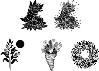Harvest silhouette vector set, cornucopia, autumn wreath, corn stalk, fall basket, Thanksgiving icons, black illustration pack, seasonal abundance symbols, rustic farm elements