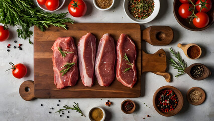 Cooking ingredients flat lay with raw meat spices knife bowls and wooden cutting board