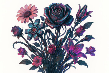 Cyberpunk floral fusion with vibrant colors and intricate details