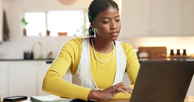 Elearning, laptop and woman with writing in home for exam study, test notes and distance education. Student, online course and black person with book for thesis research and assessment preparation