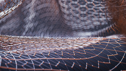 3D render of complex wireframe structure with glowing orange and blue highlights