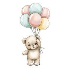 Cute Watercolor Teddy Bear with Balloons Illustration
