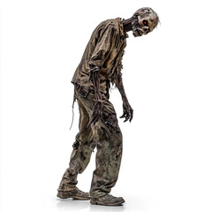 Fototapeta premium A zombie figure with a ragged, dirty appearance, wearing a torn shirt and pants, and a mask with a skull face.