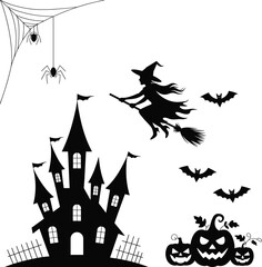 Halloween haunted house silhouette, flying witch, bats, spider web, jack-o'-lanterns, spooky tree, black vector illustration, festive horror scene, eerie seasonal design elements