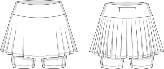Women’s pleated tennis skort flat sketch, detailed sportswear cad drawing, vector fashion technical illustration front and back view design, cad drawing flat vector illustration