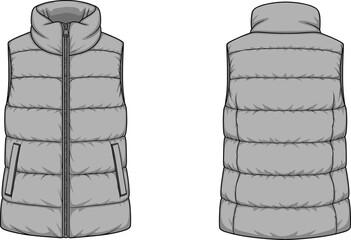 Puffer vest front and back view, sleeveless winter jacket design, quilted down body warmer, grey padded gilet, CAD drawing flat vector illustration