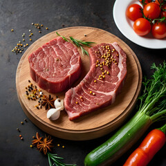 Flat lay of fresh raw beef with vegetables and measuring tape for fitness meal concept