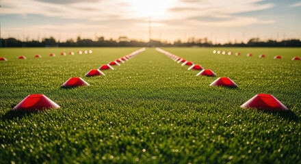 Rows of red sports cones lined up on green field at sunset for athletic training and drills, perfect for sports practice sessions