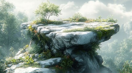 Elevated rock formation with sparse vegetation against a misty, verdant valley landscape