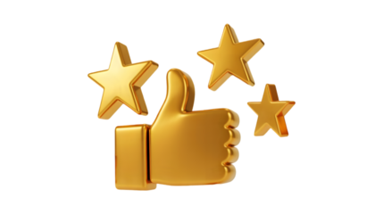 A shiny gold thumbs up icon with three golden stars representing a high rating or excellent feedback isolated on a transparent background