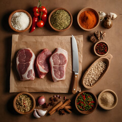 Flat lay of assorted raw meats with spices and market style labels on brown paper background
