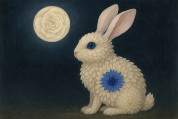 Floral moonlit rabbit with blue flower detail