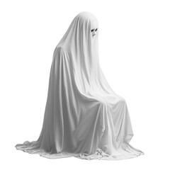 Naklejka premium A ghostly figure in a white sheet, sitting on a throne-like structure. The scene is set against a plain white background.