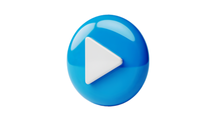 A sleek three-dimensional play button icon featuring a glossy blue circle and a white triangle symbol set against a clean white background