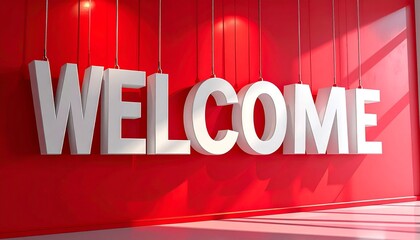 Welcome sign in bold white letters hanging against a vibrant red wall with shadows