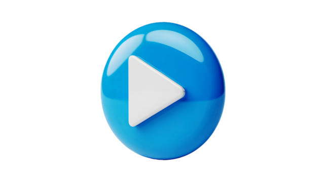 A sleek three-dimensional play button icon featuring a glossy blue circle and a white triangle symbol set against a clean white background