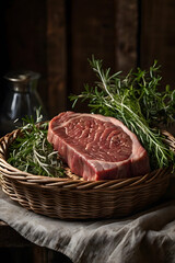 Close up of raw steak and herbs placed in rustic basket with natural moody lighting