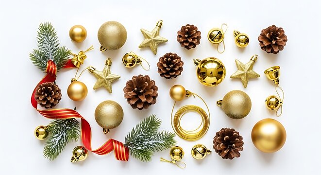A festive collection of golden Christmas ornaments, pine cones, and evergreen branches arranged on a white background.