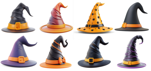 A collection of witch hats with various designs and colors.