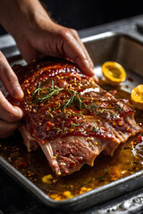 Close up of raw meat ribs marinated with spices and oil in natural light kitchen