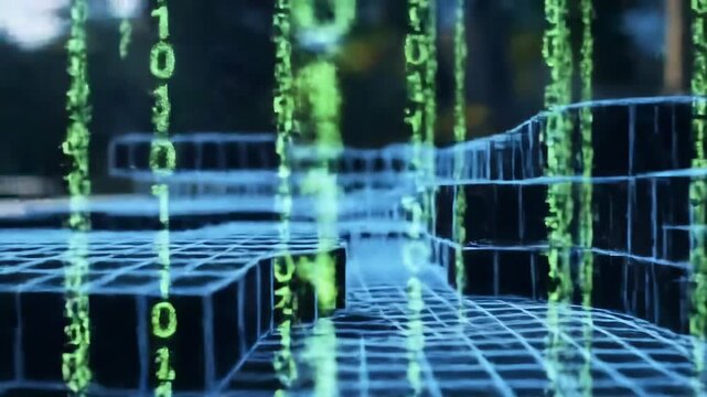 Digital green data streams cascade over a blue grid and cubed structures, conveying a technical theme