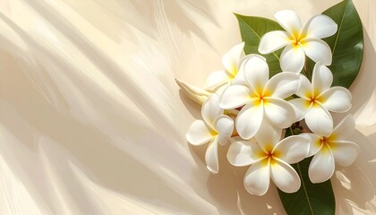 A serene arrangement of white plumeria flowers with yellow accents on a soft beige background