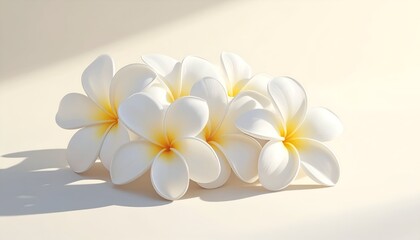 Naklejka premium A cluster of delicate white plumeria flowers with yellow centers, softly illuminated against a light background