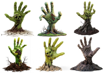 A collection of zombie hand sculptures with various textures and colors.