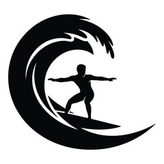 Dynamic silhouette of a surfer riding a powerful crashing wave