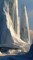 Ethereal Ice Formations Against a Softly Lit Sky, Majestic Frozen Sculptures.